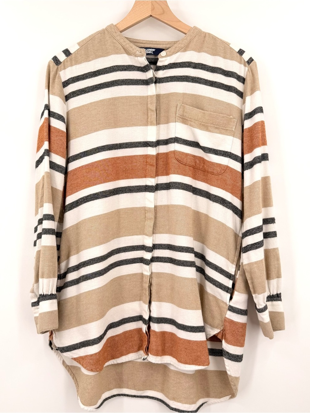 Lands’ End Striped Tunic Shirt Women M 10-12 Neutral Button Up